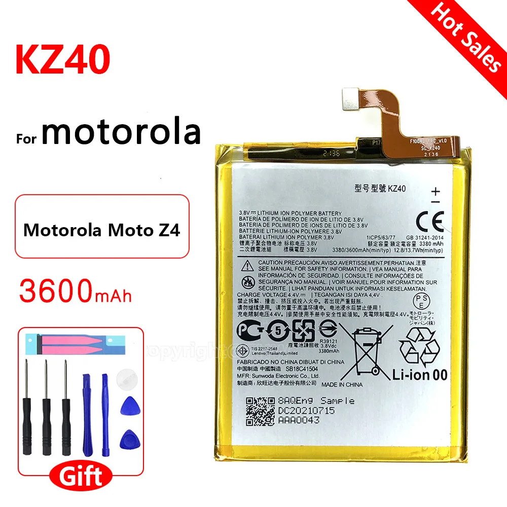 Original KZ40 Replacement Battery, KZ 40 Battery for Motorola Moto Z4 XT1980-3, Mobile Phone Batteries, 3600mAh, 100%