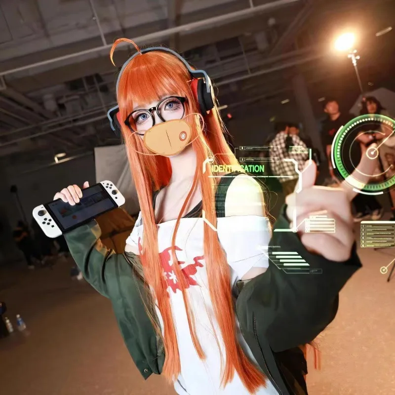 

Genius Hacker Futaba Sakura Cosplay Costume Persona 5 Casual Hoodie Outfit with Orange Long Wig Headphones for Women Halloween