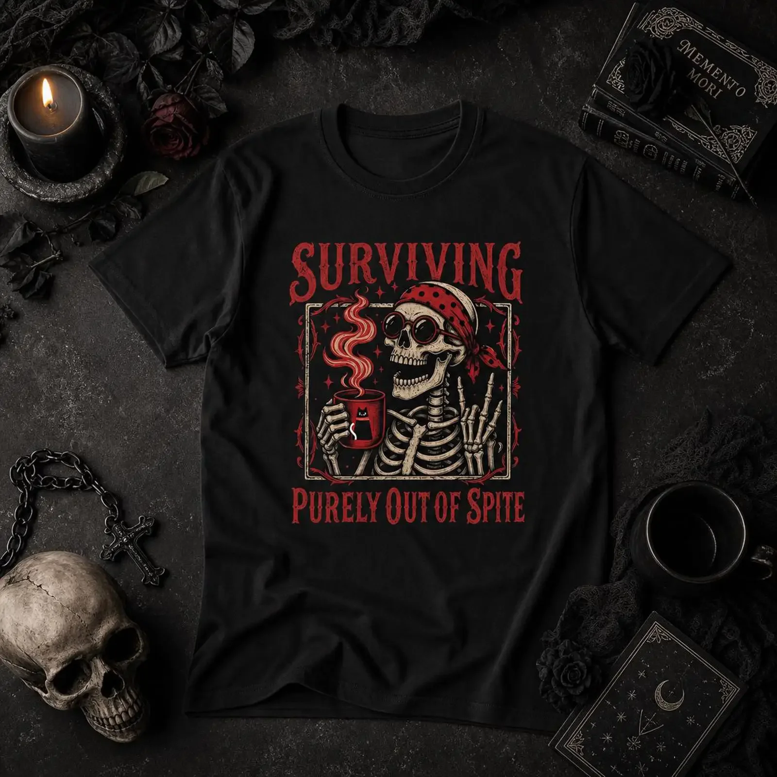 Surviving Purely Out Of Spite Skeleton Coffee Gothic Vintage T Shirt vintage Washed designer clothes Soft Comfortable Unisex