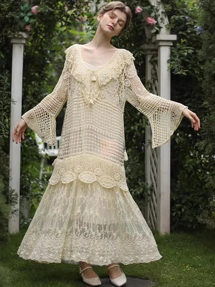 AIGYPTOS SpringSummer Maxi Dresses For Women Vintage Victoria Lace Long Dress Elegant Embridery Hollow Out Crochet Wedding Dress