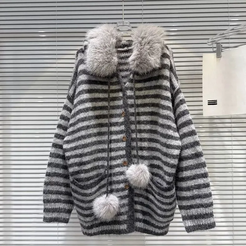 الأمريكية الرجعية معطف محبوك طويلة الأكمام فو الفراء س الرقبة المرأة عادية مخطط طباعة ثقافة فرعية معطف زر الرجعية النساء الملابس #2