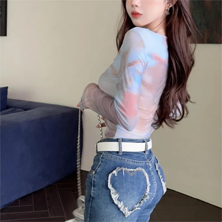 Y2k Grunge Slim Fit Thin Tops Women Vintage Blue Tie Dye Mesh O-neck T-shirts Summer New Long Sleeve Sun Protection Tee Shirt