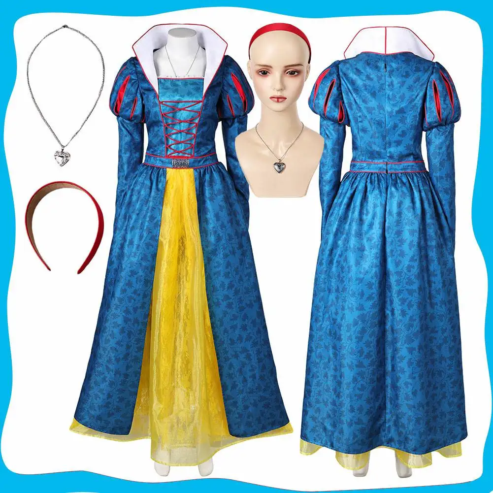 

Princess Snow Cosplay Costume White Women Fantasy Blue Dress Headband Outfits for Female Girls Top Skirt Halloween Carnival Suit