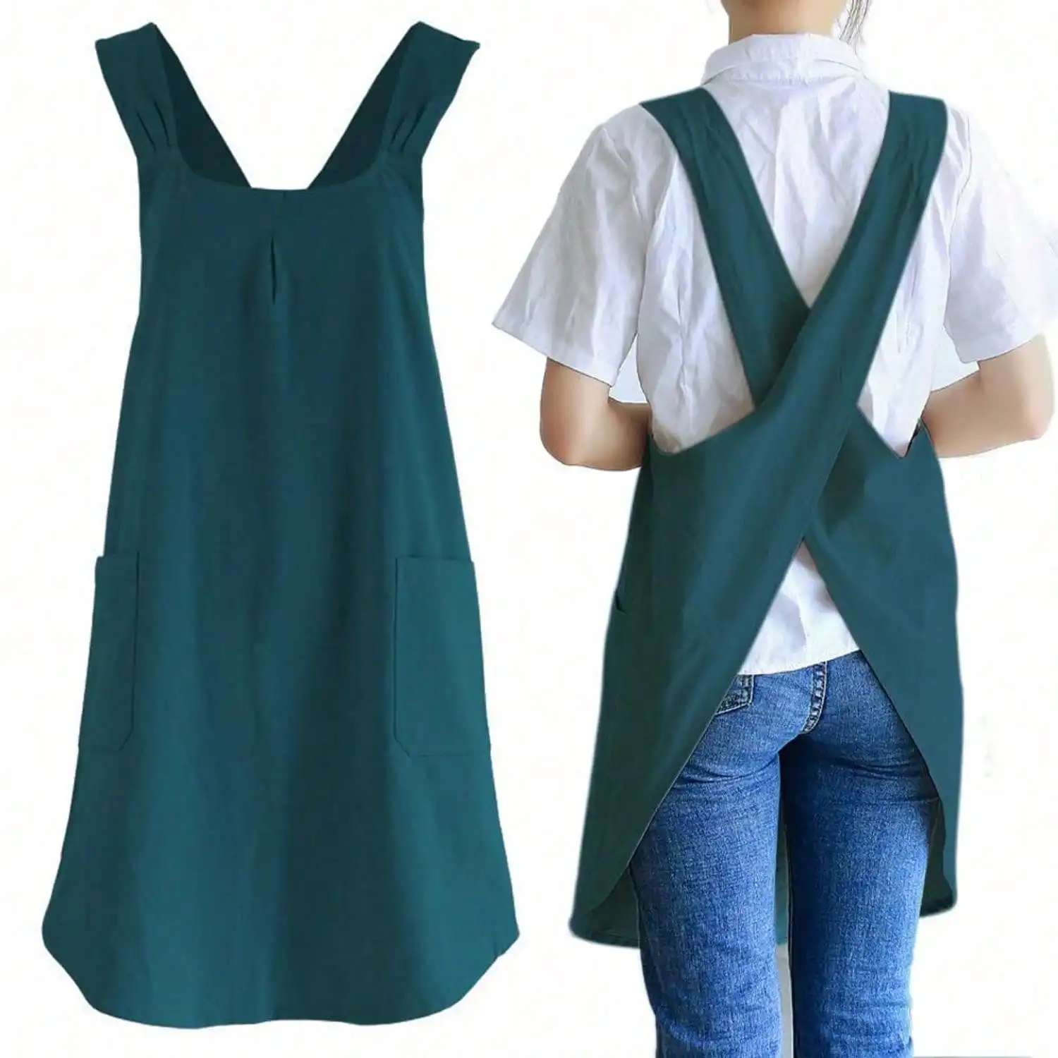 

Japanese Cotton Linen Cross Back Cooking Apron For Women Men With Pockets Cute For Baking Kitchen