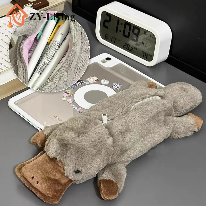 1Pcs Cute Platypus Pencil Case Cosmetic Bag Plush Pen Pouch Large Capacity Storage Bag School Supplies Stationery Box