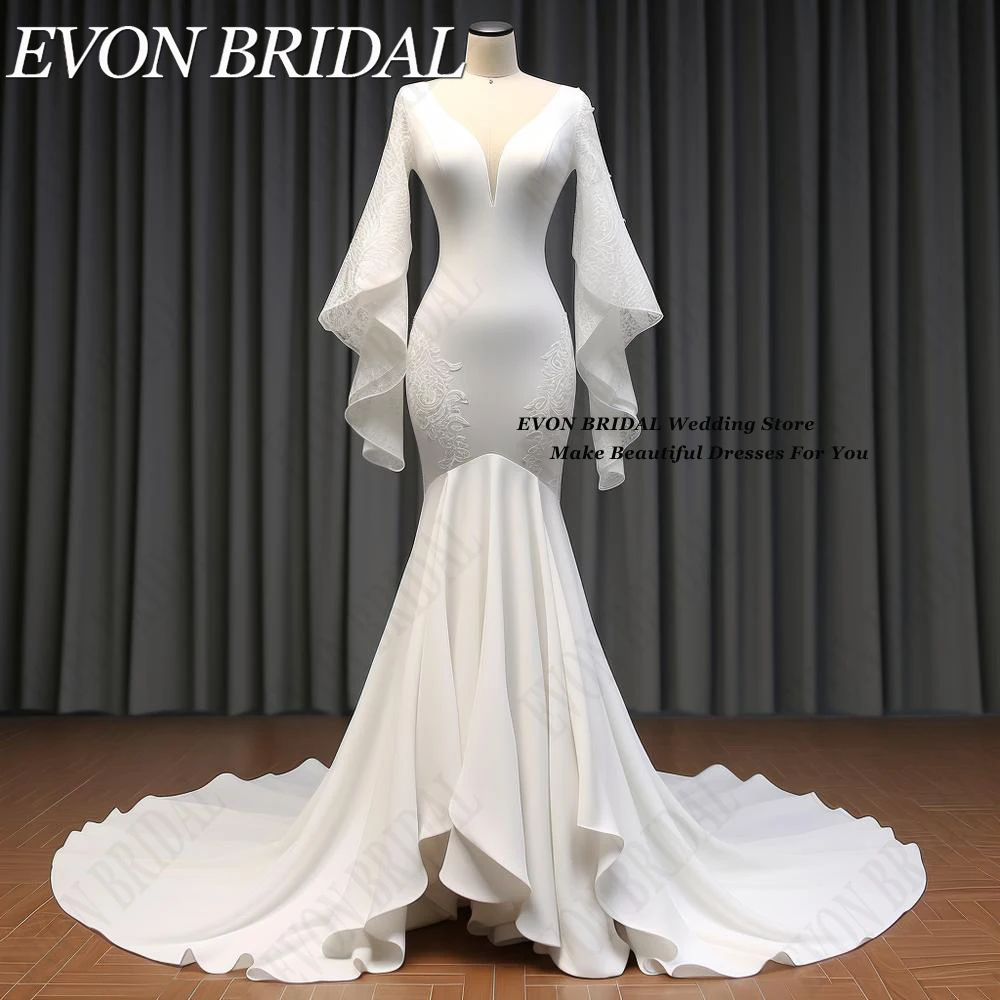 EVON BRIDAL-Macio cetim sereia vestidos de casamento para mulheres, renda manga flare, vestidos de noiva simples, trem tribunal, 2024