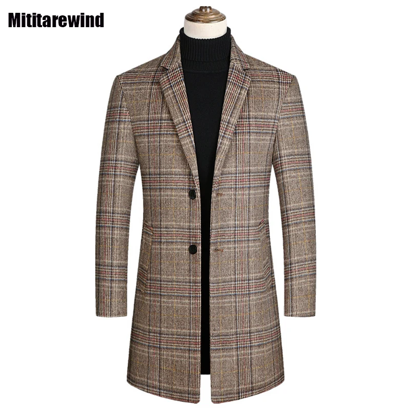 

Winter Mid Long Coat for Men Commuter Smart Casual Woolen Coats 30% Wool Blends Coat Slim Thicken Single Breasted Plaid Overcoat