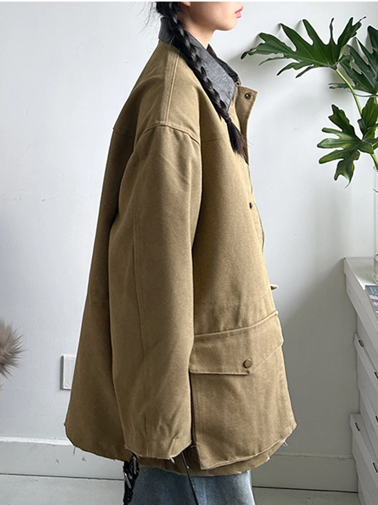 [EAM] Khaki Leather Collar Big Size Casual Jacket New Lapel Long Sleeve Women Coat Fashion Tide Spring Autumn 2024 1DH8168