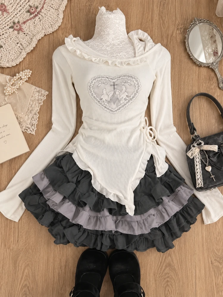 Japanese Kawaii Vintage 3 Piece Sets Autumn Y2k Sweet Bow Knitted Sweater Suits Women Casual Y2k Caridgan Coats + Mini Skirts image 6