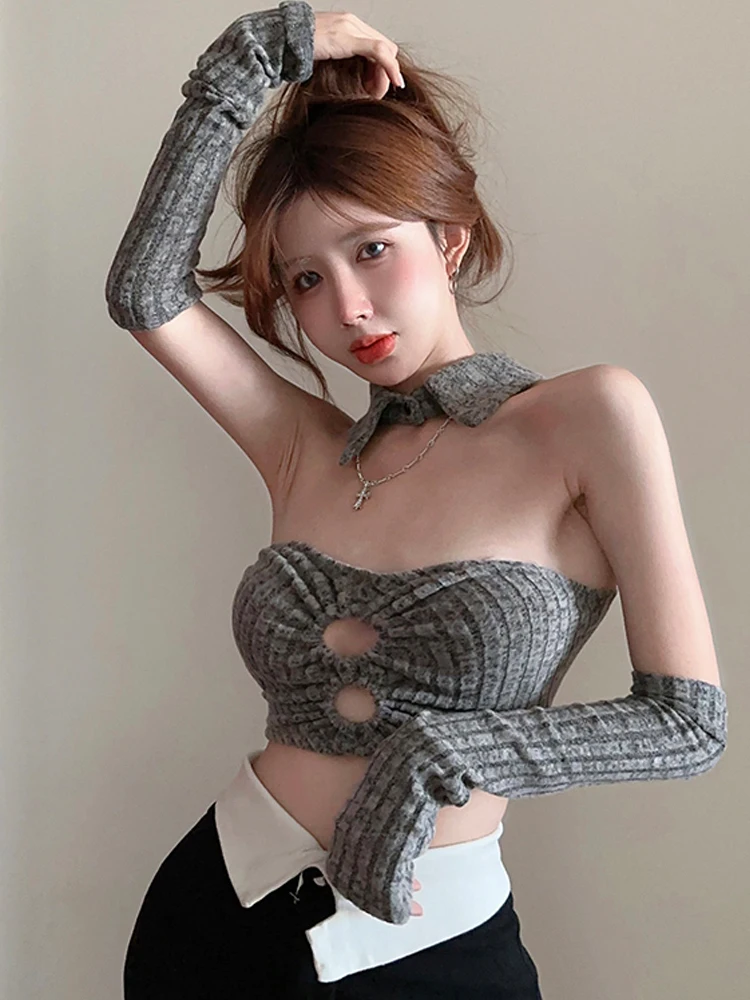 Foamlina Trendy Maglia Crop Top Donna Y2K Vestiti 2025 Nuovo Solido Halter Neck Senza Maniche Sottile Senza Spalline Fori Aderente Canotta