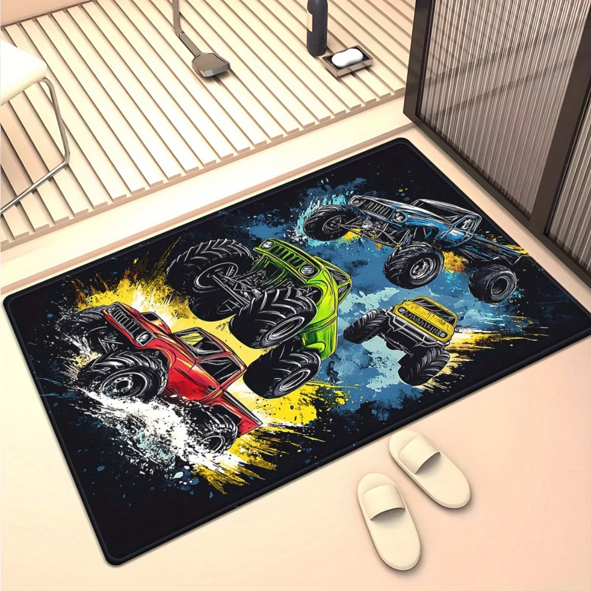 Monster Truck Doormat, Cool Car Entrance Rug, 4x4 Off-Road Floor Mat, Non-slip Garage Carpet, Boys Bedroom Decor