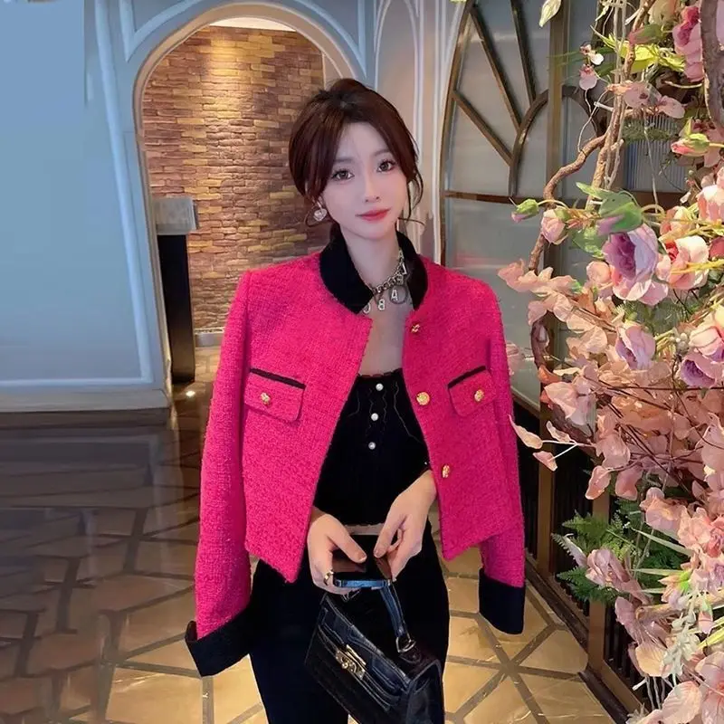 

Rose Pink Small Fragrant Jacket for Women 2024 Autumn New Niche Short Korean Version Small Stand-up Collar Suit Top