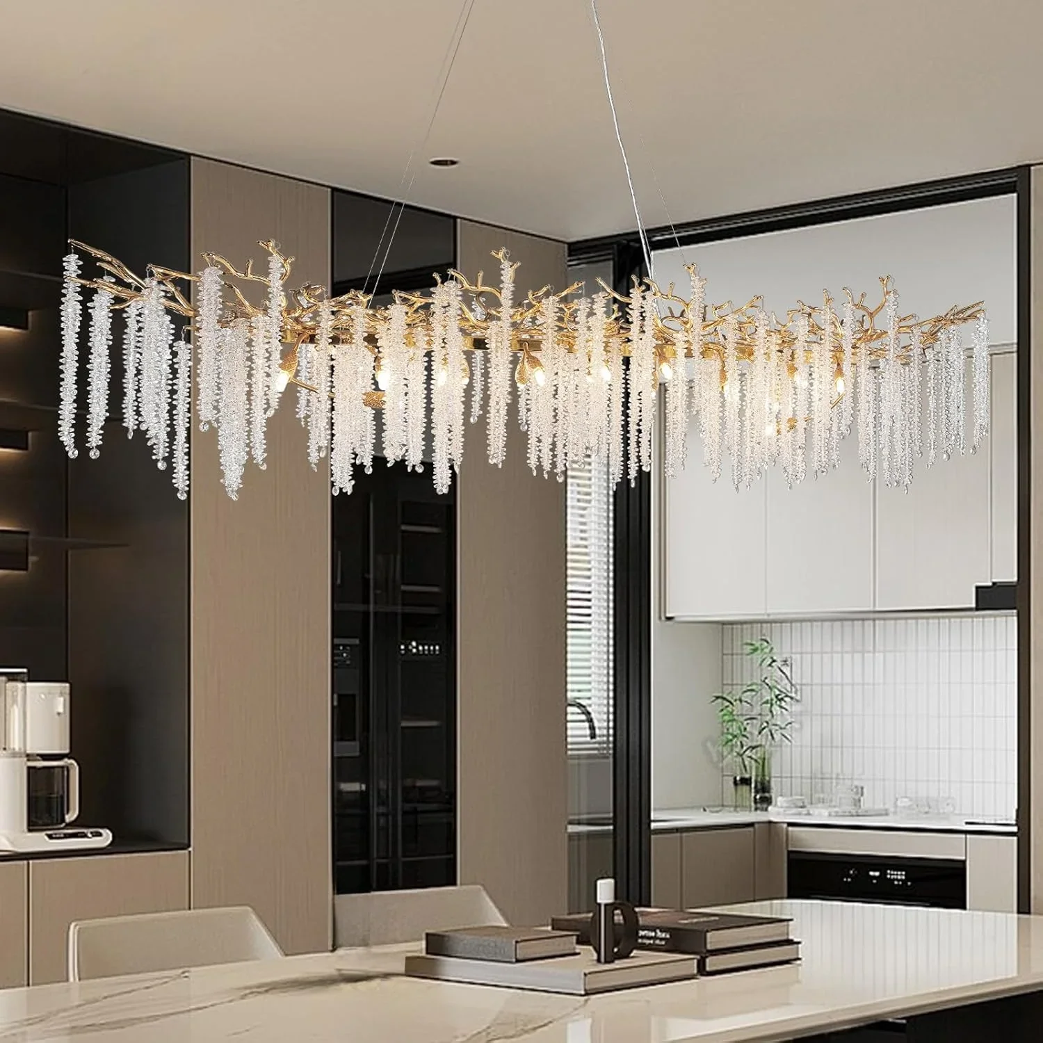 Long Gold Crystal Chandelier Light For Kitchen Table Dining Living Room Bedroom Luxury Gold Rectangle Crystal Ceiling Chandelier