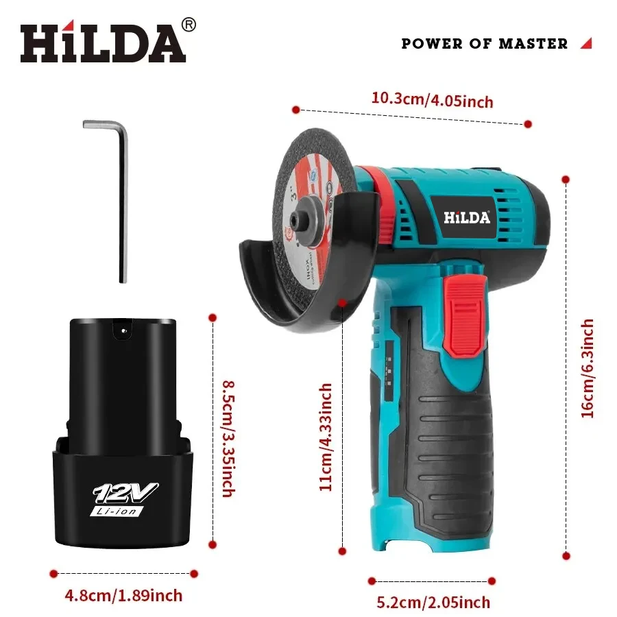 HILDA 12V 3/4 Inch Lithium Electric Angle Grinder Polishing Machine Brushless/Brushed Mini Cutting Machine Rechargeable Battery