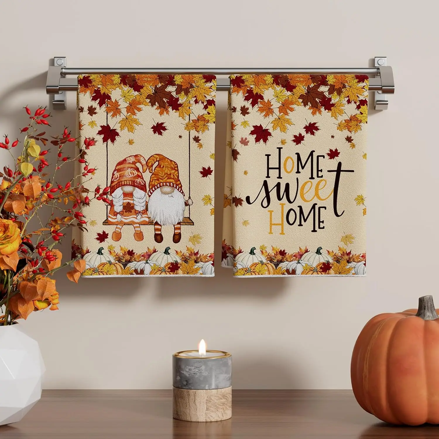 

Fall Pumpkin Gnome Maple Leaves Kitchen Dish Towels Cleaning Supplies Absorbent Hand Kitchen Towels Dishcloth Home Decor