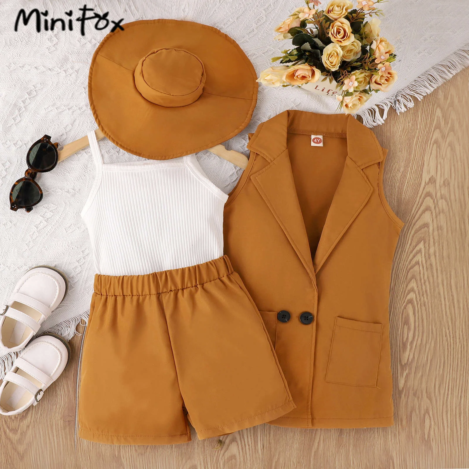 MiniFox Girl\'s Blazer Sets Sleeveless Lapel Blazer Coat+Vest+Shorts+Hat 4pcs Summer Suit For Children Girls Elegants Outfits