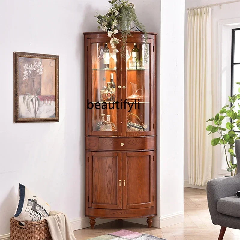 

13American solid wood triangular wine cabinet curved simple living room corner glass door storage corner cabinet