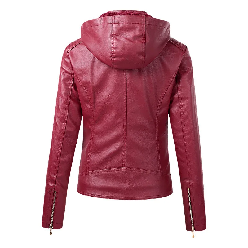 Giacca in Pelle con Cappuccio da Donna Autunno Inverno in PU con Chiusura a Cerniera Vestibilità Ampia Alla Moda Cappotto da Motociclista per Signore