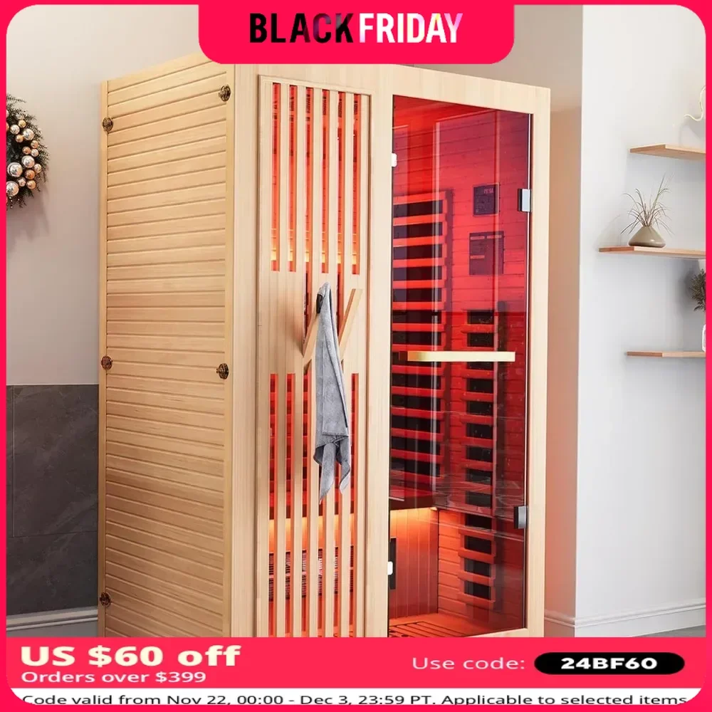 Full Spectrum Sauna for Home, 1~2 Person Indoor Infrared Sauna Room with 10 Minutes Warm-up Heate, Wood Home Infrared Sauna