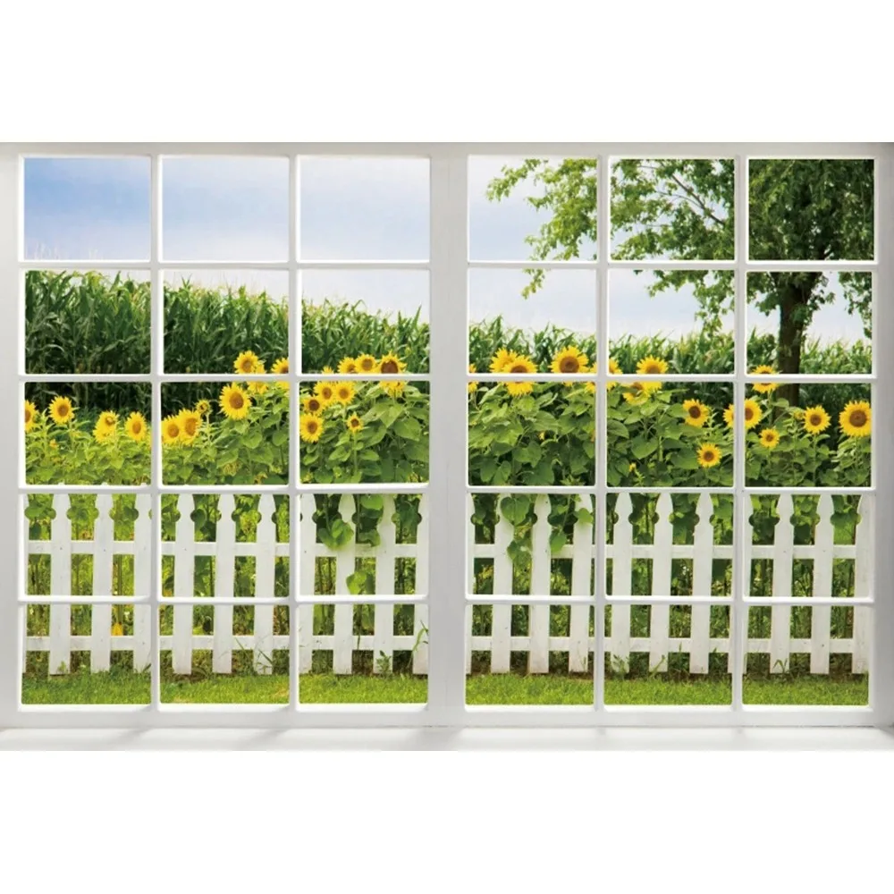 Window Spring Flowers Blossom Landscape Scenery Photography Backdrops Green Forest Nature Background Wall Decor Family Photozone