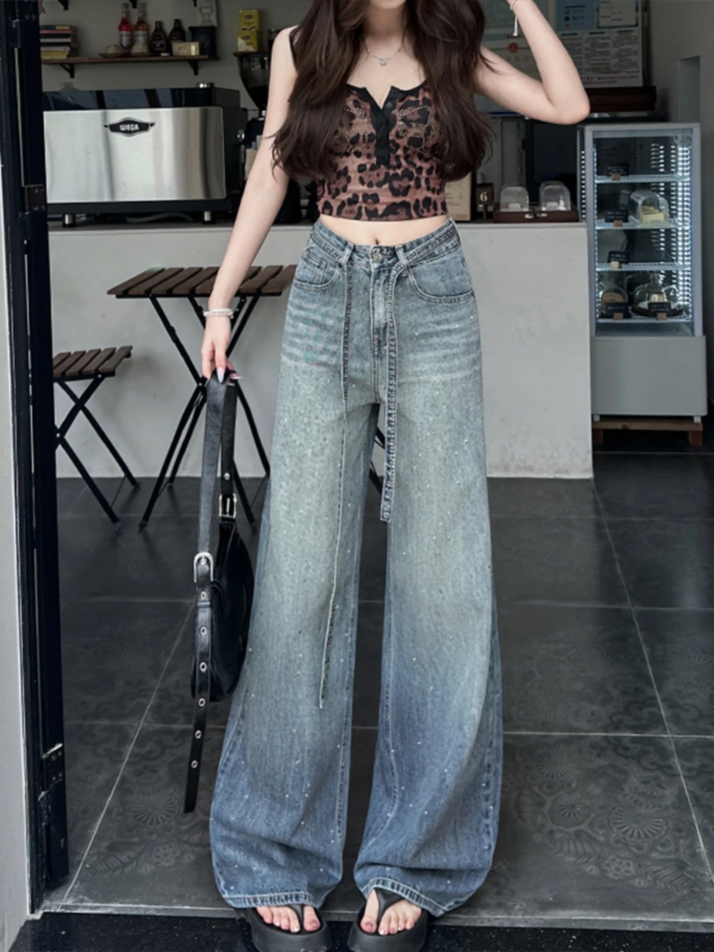 

Модные женские джинсовые длинные брюки, осень 2024, свободные брюки со стразами и высокой талией, женские простые универсальные джинсовые брюки