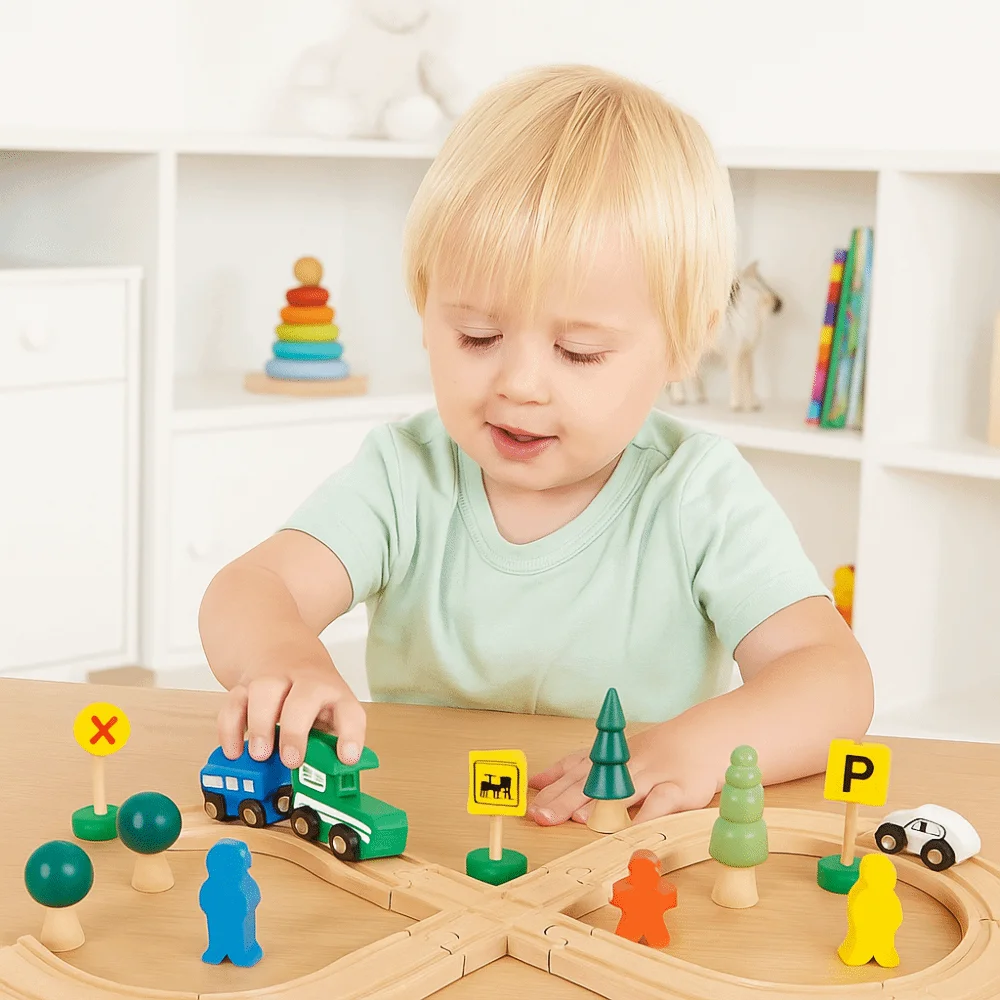 Treno in legno per bambini a forma di 8 Assemblaggio fai-da-te Educazione precoce Formazione del pensiero Pista del treno Giocattolo Puzzle Luce di segnalazione