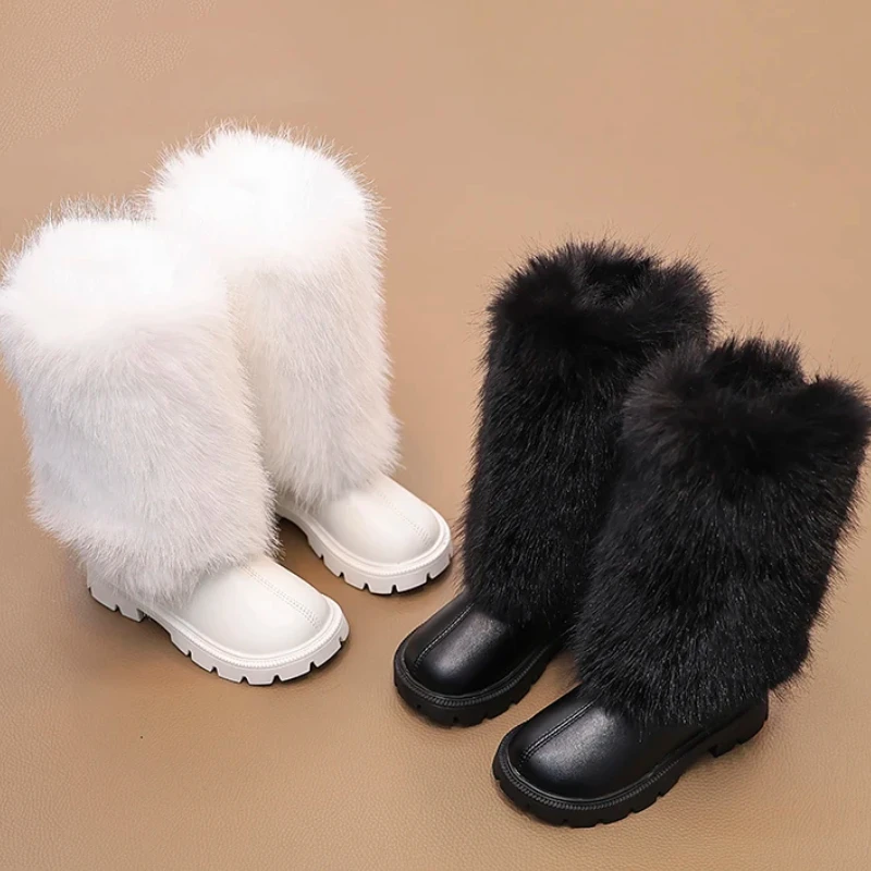 

Girls High Boots Children Warm Princess Leather Boots Soft Soled Kids Fashion Long Boots Anti-Slippery All Match 2024 Winter New