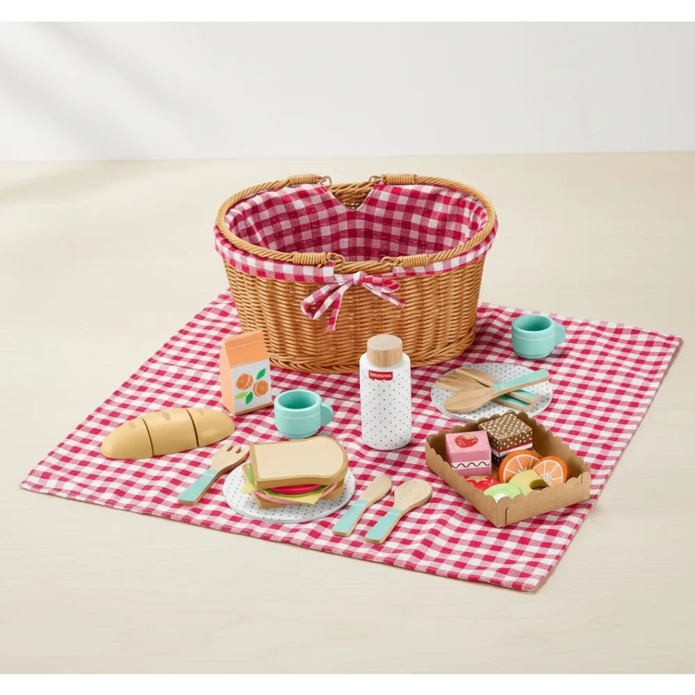

31-Piece Wooden Picnic Basket Playset, Pretend Play Food Toys for Preschool Kids Ages 3+