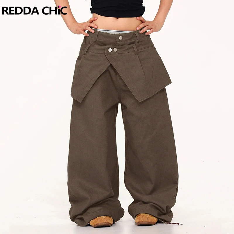 

REDDACHiC коричневые женские мешковатые джинсы из двух предметов с широкими штанинами, однотонная повседневная юбка с запахом, джинсовые брюки, модная уличная одежда в стиле ретро