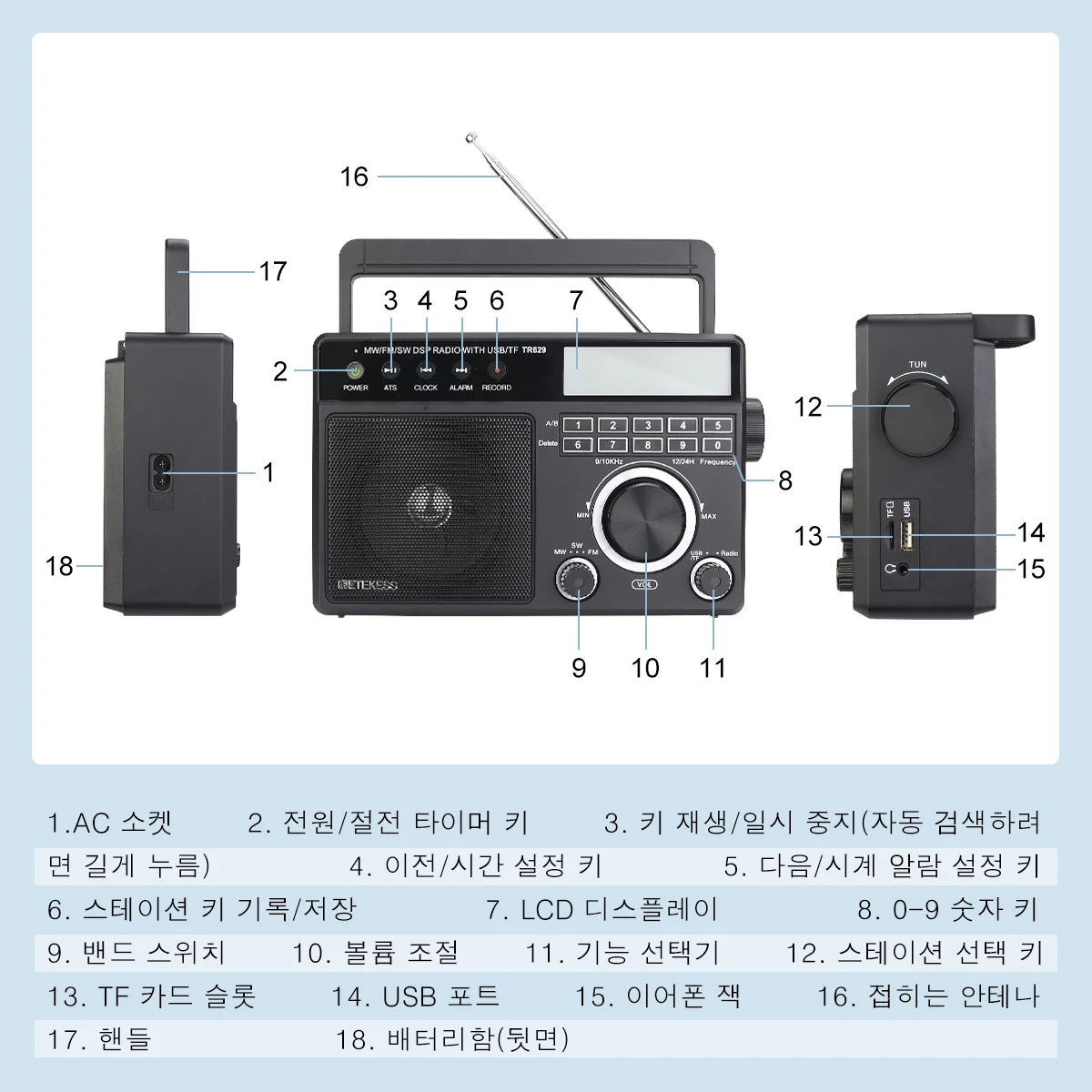 레테케스 TR629 휴대용 라디오 AM FM SW 멀티밴드 단파 라디오 스테레오 MP3 스피커 배터리 AC 전원 알람 시계 기능
