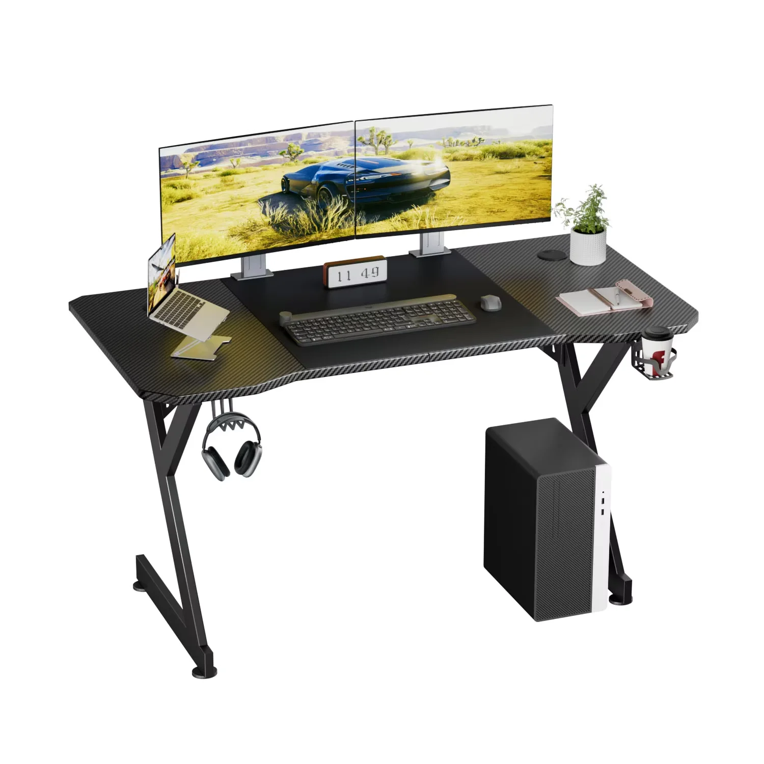 NEBMAAX Gaming Desk with Ergonomic Carbon Fiber Top, Easy to Clean, Cup Holder & Headphone Hook, Sturdy Y-Shaped Legs, Easy-to-Assemble Office Desk, Black