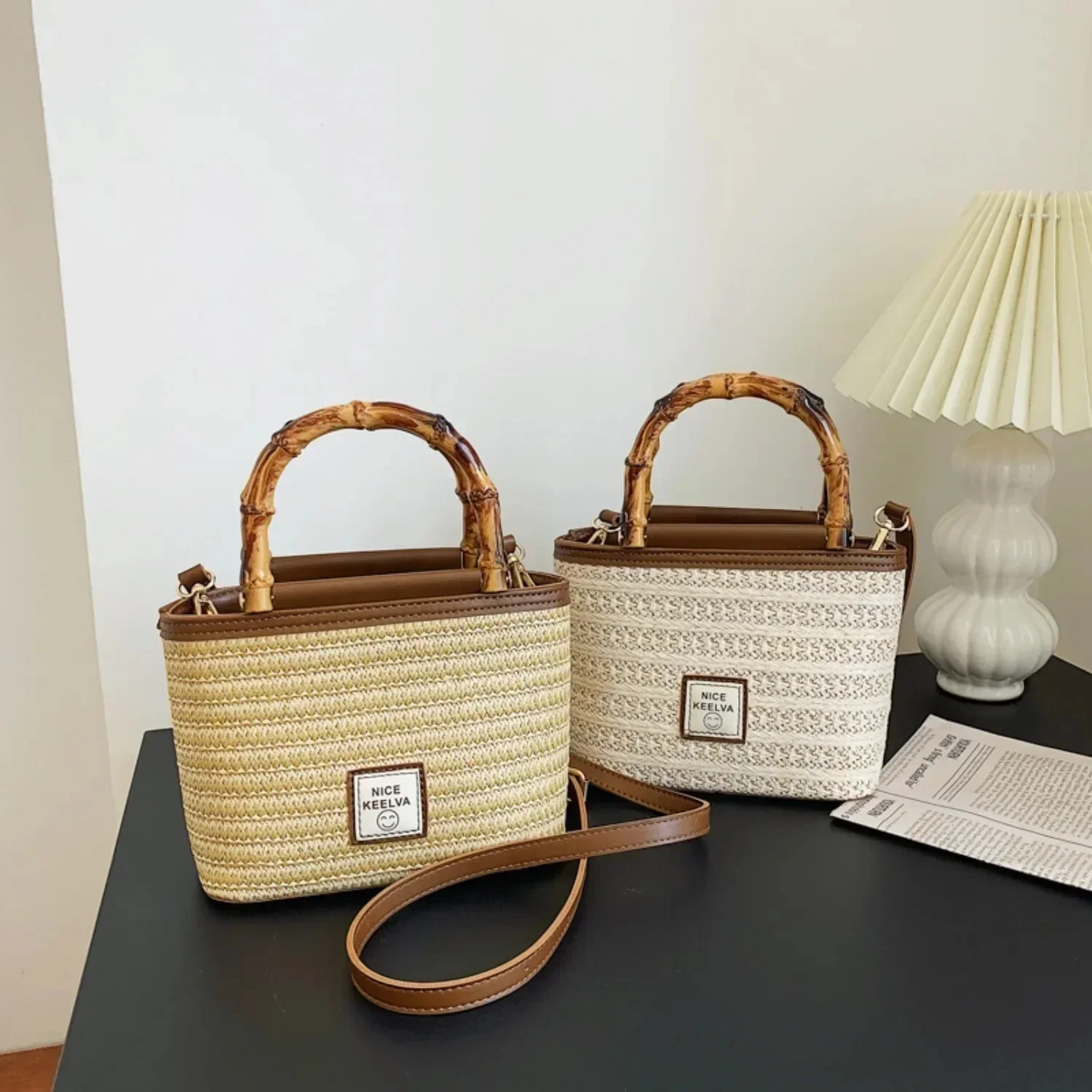 2024 Summer Unisex New Textured Bamboo Handle Woven Bag Travel Vacation Fashion Crossbody Straw Bag Ladies Wallet Handbag