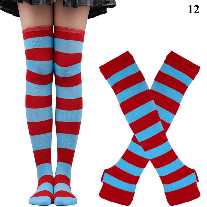 1 Set Female Over Knee Stripe Printed Tights Highs Long Stockings Cotton gothic Socks Gloves Harajuku Style Hosiery & Arm Sleeve