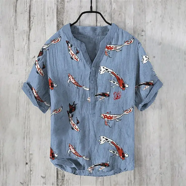 KOI Tai Chi เสื้อเชิ้ตลายดอกแขนสั้นพิมพ์ลายชายหาดสไตล์เขตร้อนลำลองเสื้อสำหรับผู้ชายใส่สบายและหลวม