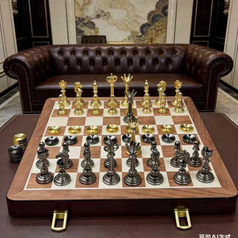 Large Metal Chess Set, 2-in-1 Foldable Board, High-end International Chess Game for Cross-border