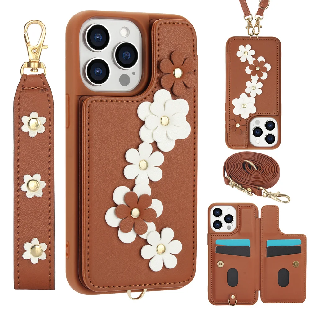 3IN1 Crossbody Rope Wrist Strap Flowers Leather Wallet Phone Case For iPhone 15 11 12 13 14 16 Pro Max X XR XS 7 8 Plus SE Cover