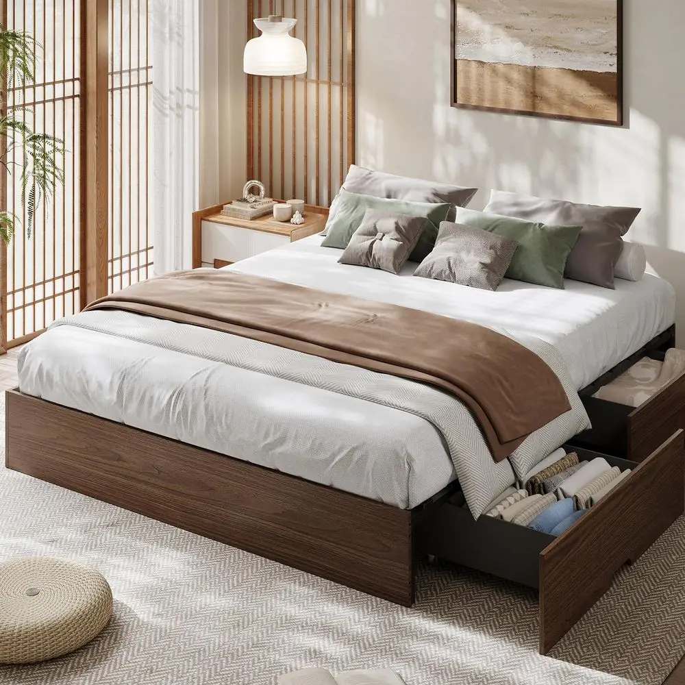California King Bed Frame with 2 Storage Drawers, Wood Platform Bed