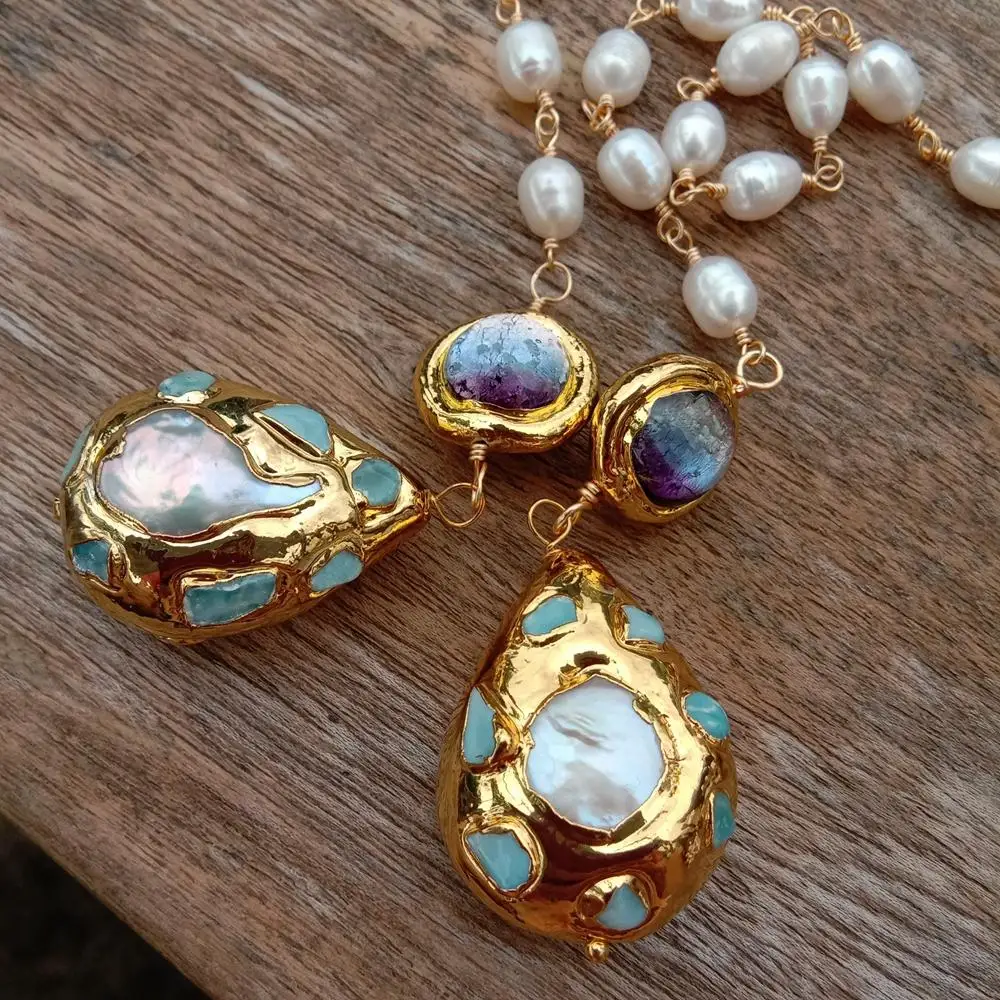 Y.YING Cultured White Rice Pearl Larimar Purple Murano Glass Long Rosary Chain Necklace