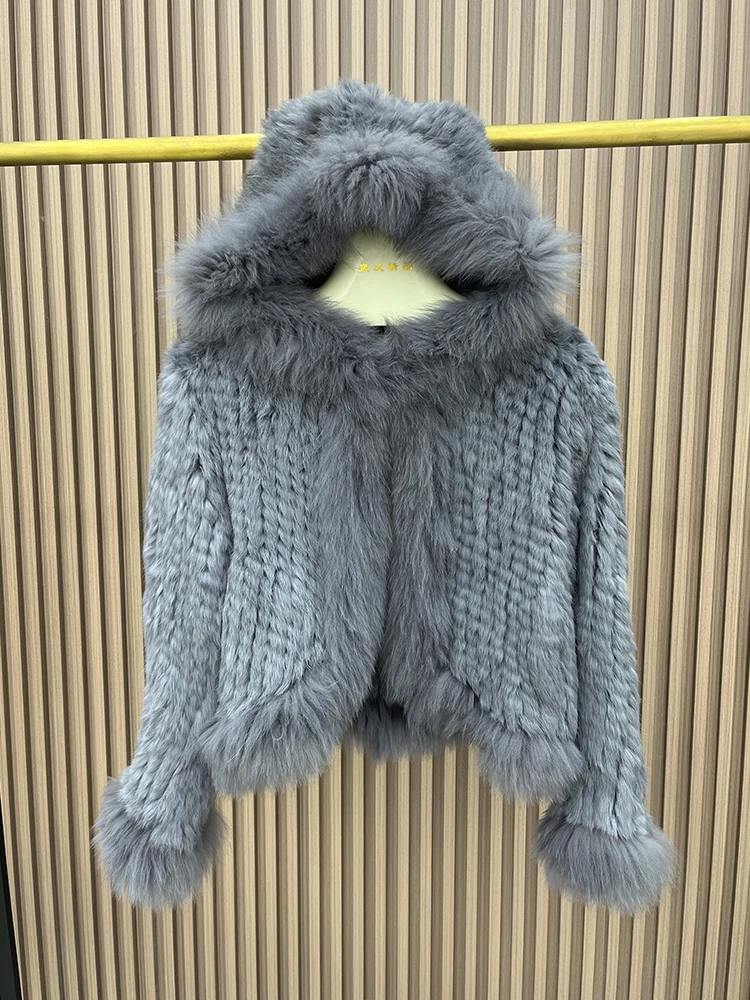 2025 패션 여성 천연 토끼털 코트 니트 리얼 폭스털 후드 재킷 오버코트 의류