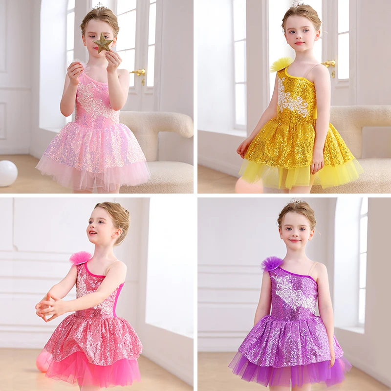 Robe de danse de Ballet à paillettes pour filles, asymétrique épaule dénudée, en Tulle, à volants, avec nœud décoratif, robe Tutu colorée pour spectacle de fête