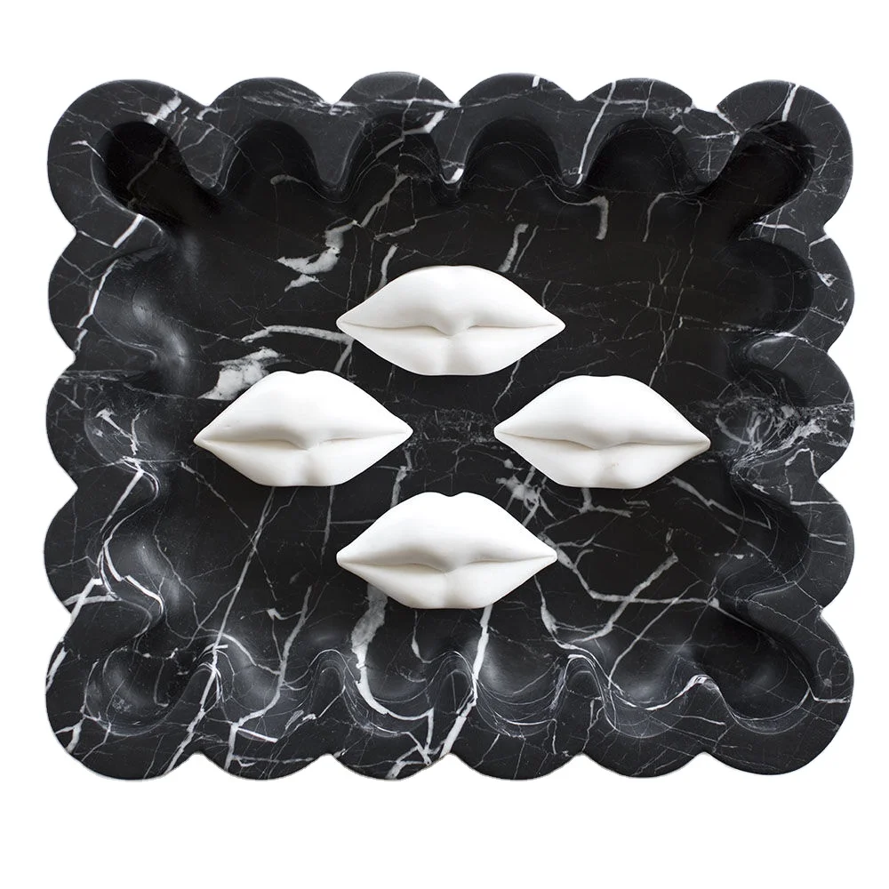 Elegant Sophisticated Natural Stone Black and White Rosella Tray Scallop Marble Tray Fruit Tray