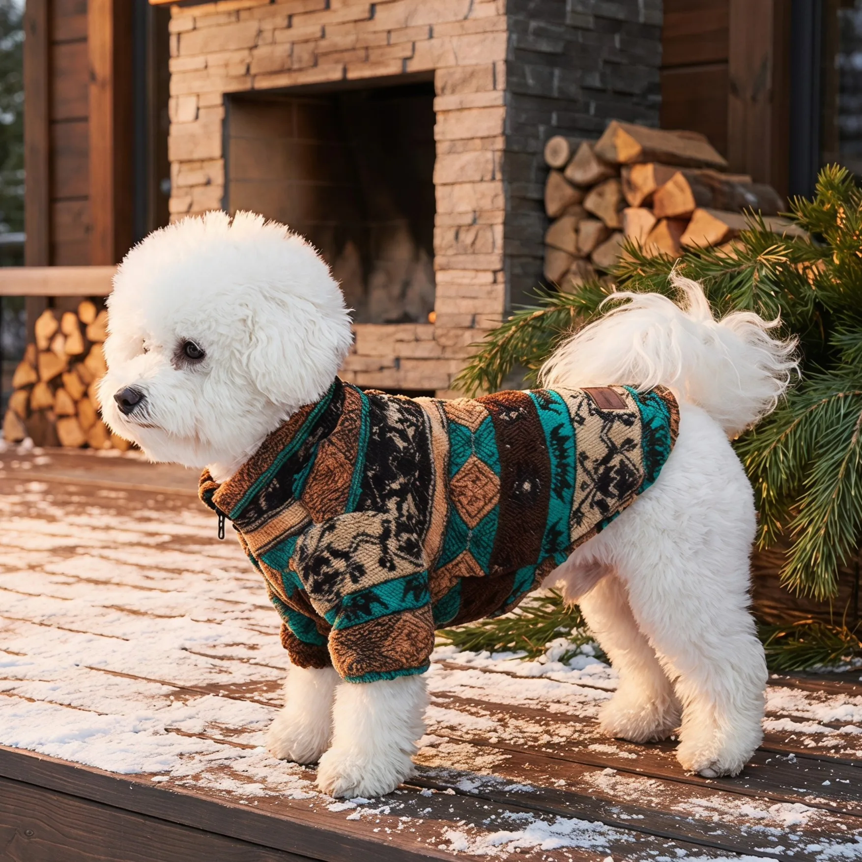 Ethnische Fair Isle Jacquard Reißverschluss-Fleece-Haustierjacke, Retro-Geometrisches Muster, Verdickter Flauschiger, Warmer Winter- und Herbst-Hundejacke