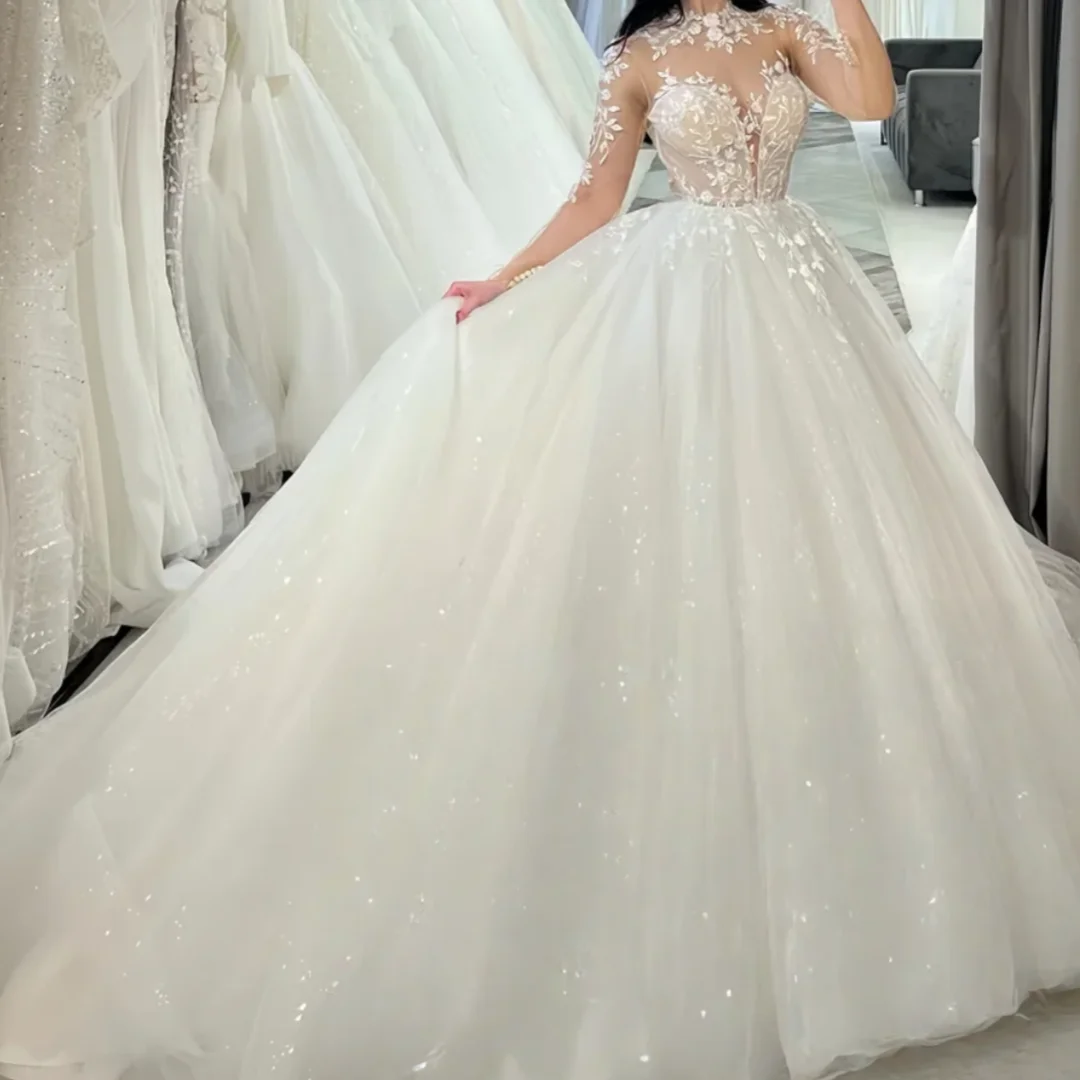 

Exquisite Shiny Wedding Dresses For Woman Bride Ball Gowns Long Sleeves Tulle Appliques Train Vestido De Novia Customized