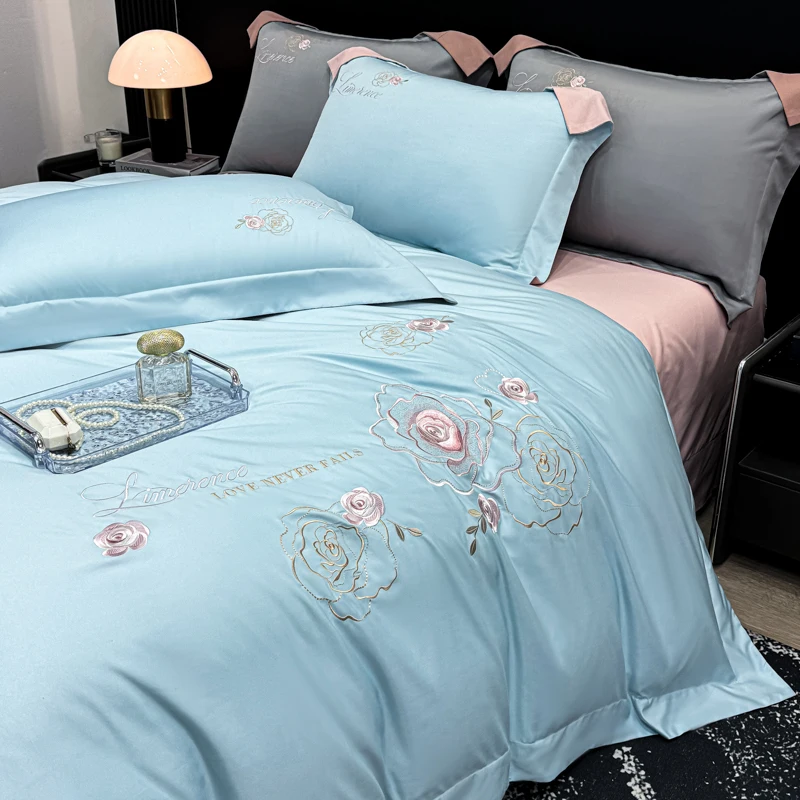 

Bedroom double bed set of four with large flower embroidery pattern, milk velvet series, skin-friendly and breathable.