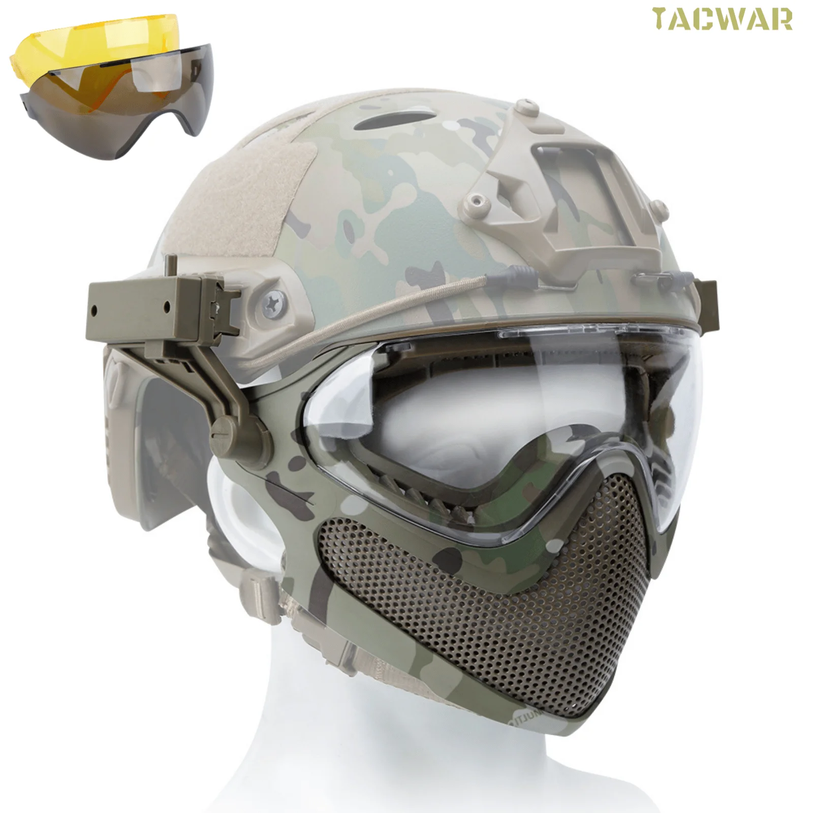 Airsoft Steel Mesh Mask Full Face with 3 Anti-Fog Goggles for FAST Helmet,2 Modes Safety Protective Mask for Shooting Wargame CS