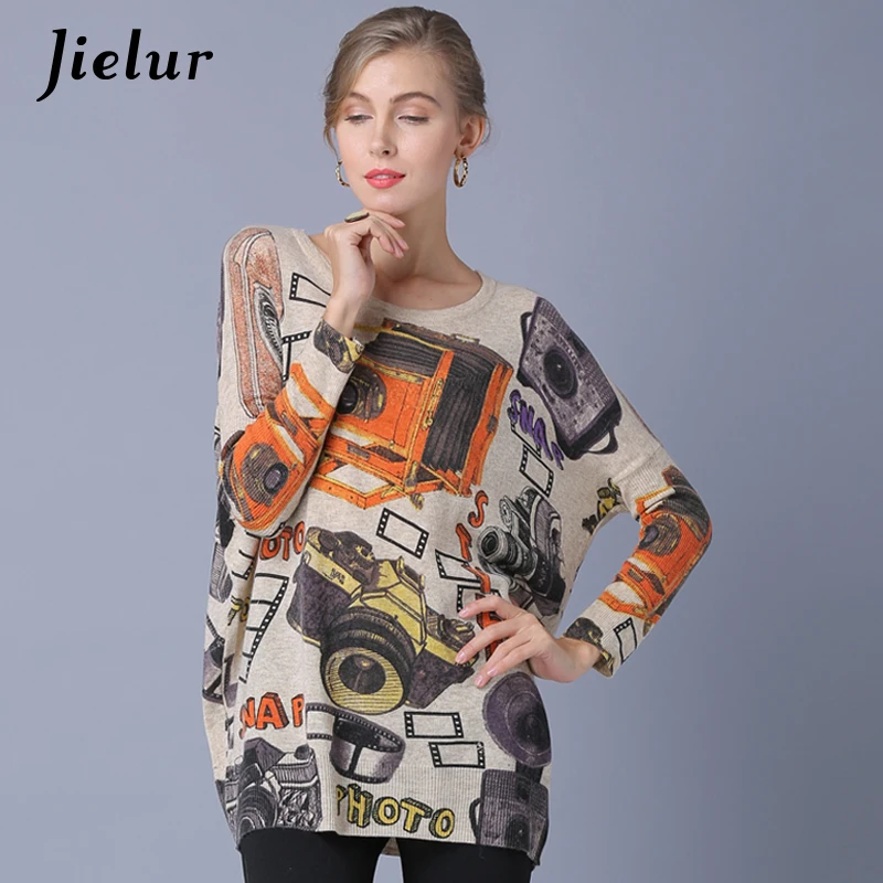 

High Street Fashion Lady's Sweater Female Retro Camera Printed Women Sweaters Hedging Loose Batwing Sleeve Knitwear