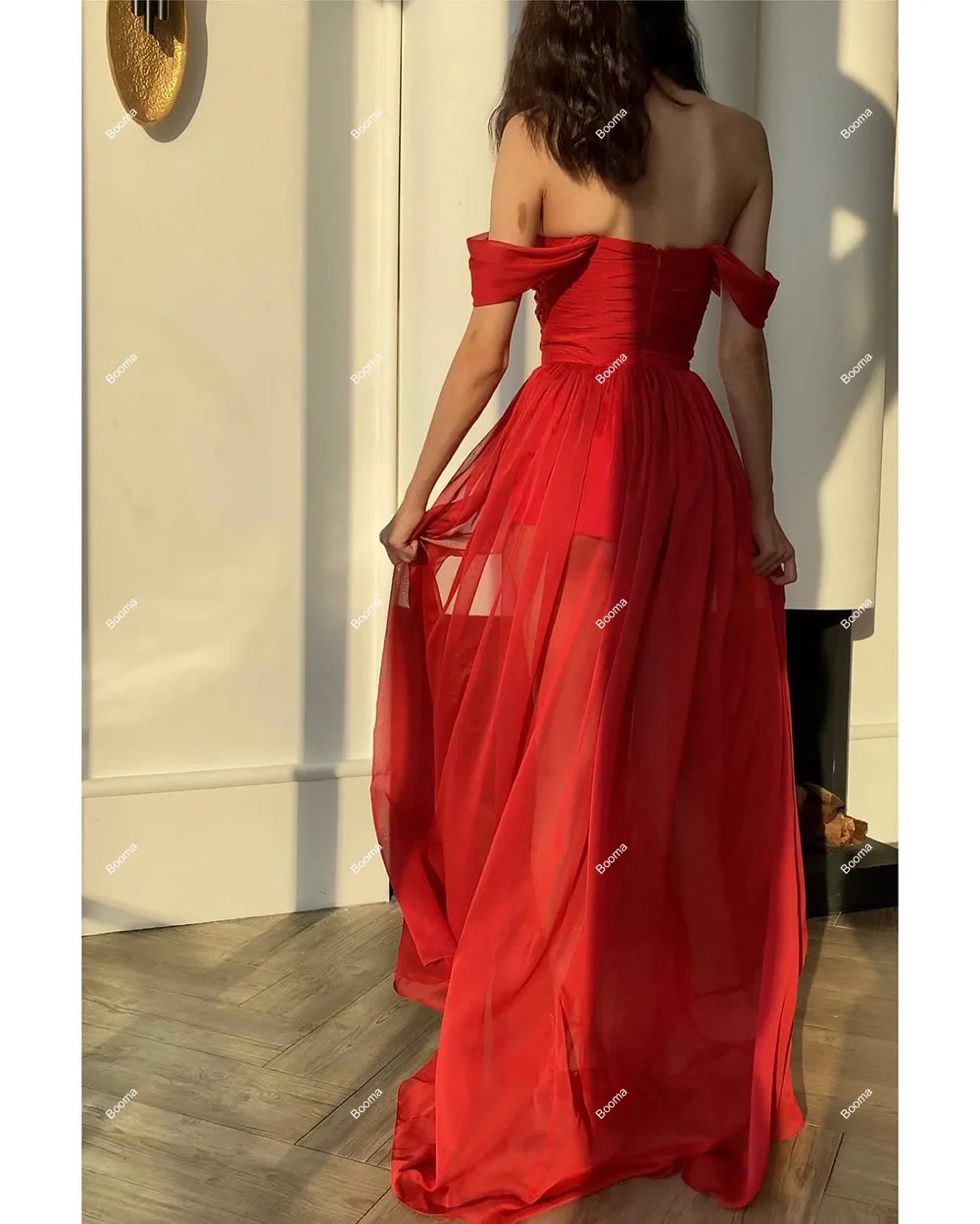 Booma Red Chiffon a-line abiti da ballo con spalle scoperte pieghe abiti da festa abito da sera con spacco alto abito per occasioni speciali per eventi