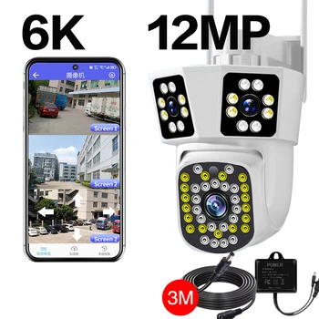 야외 트리플 스크린 감시 카메라, 12MP 6K PTZ 와이파이 카메라, 5 배 디지털 줌, 야간 투시경, CCTV, IP 보안 카메라, ICSEE