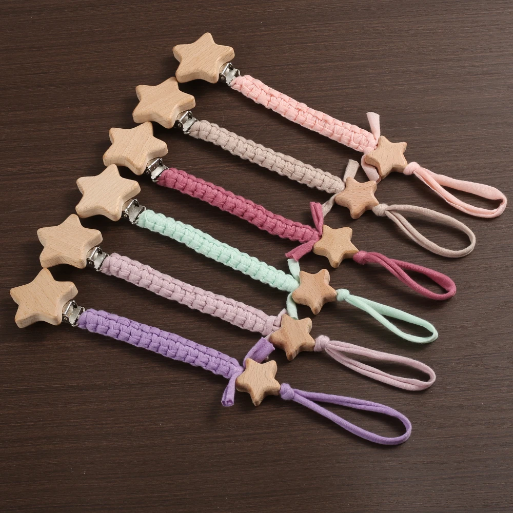 

Baby Beech Wood Pentagram Pacifier Clip Handmade Woven Cotton Soother Nipple Chain For Baby Nursing Teether Chewing Toys Gift