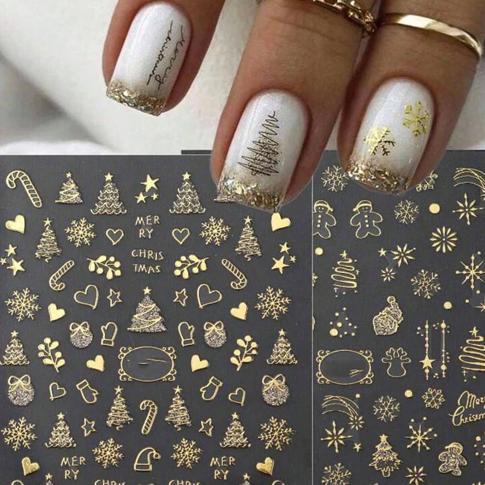 สติกเกอร์ติดเล็บลายคริสต์มาส 3 มิติ สีทอง 2 ชิ้น ลายเกล็ดหิมะระยิบระยับ ต้นคริสต์มาส ลูกโลกหิมะ เกล็ดหิมะ สติกเกอร์เล็บลายคริสต์มาส